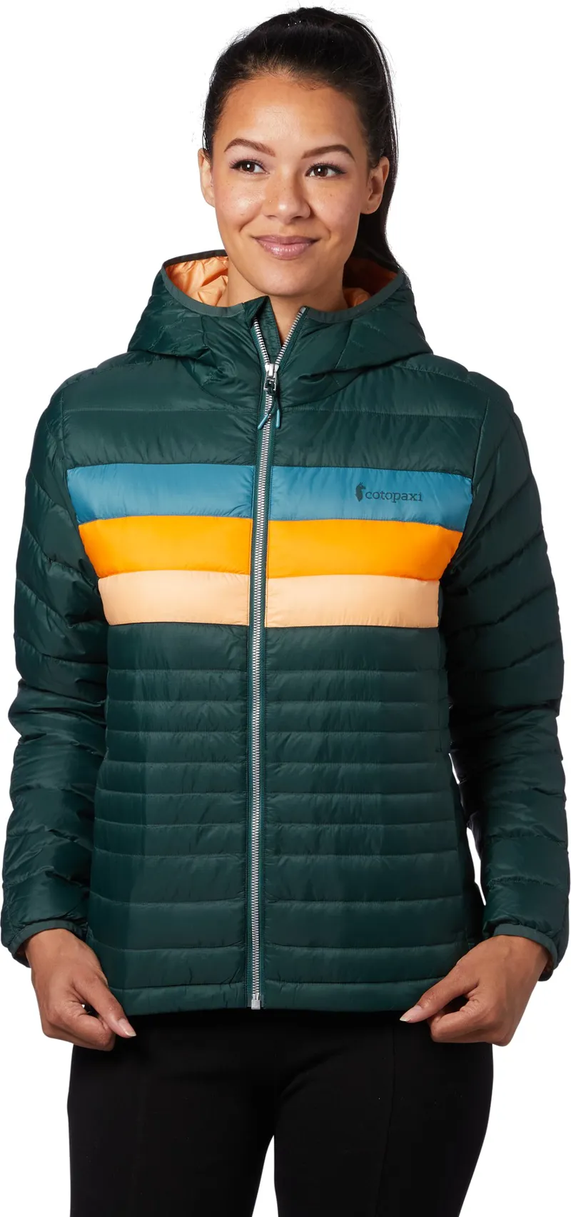 Cotopaxi Womens Fuego Down Hooded Jacket - Dark Forest Stripes-3